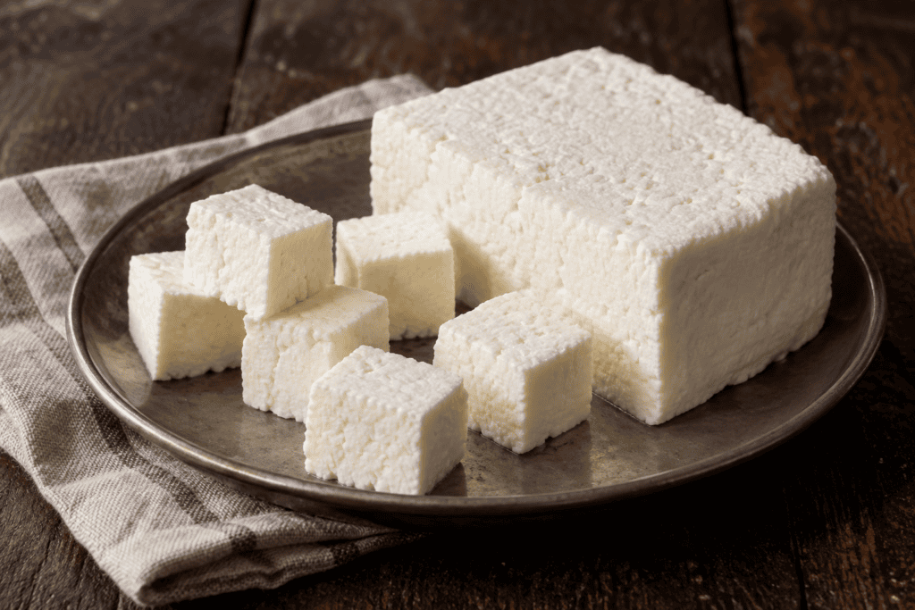 Fresh paneer cheese shown as a pressed block and cut into cubes.