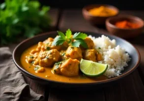 Plate of chicken curry with rice, garnished with lime and herbs, surrounded by small bowls of colorful spices on a rustic wooden table.